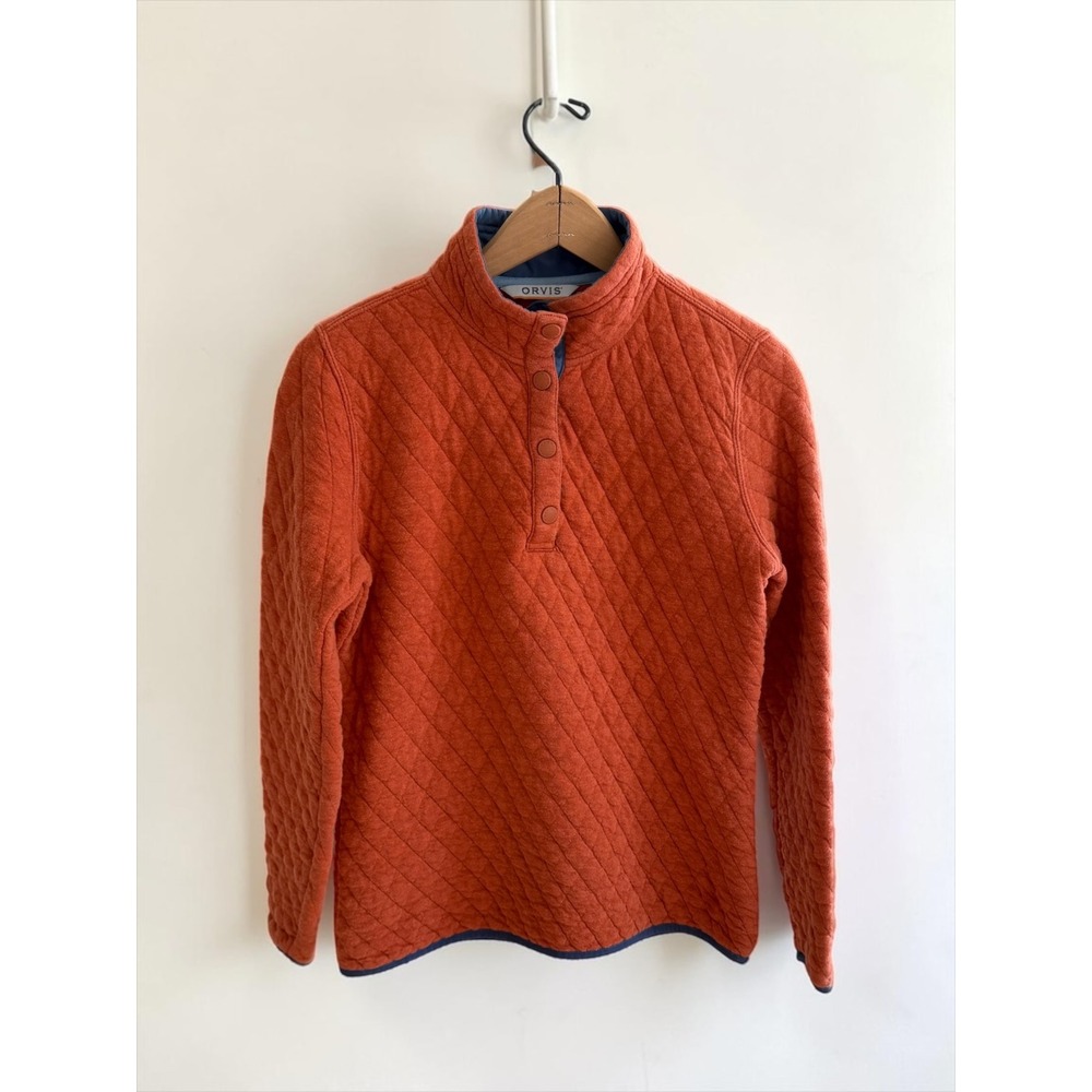 Orvis Womens XS Burnt Orange Quilted Snap Neck Pullover Sweatshirt Mock Neck